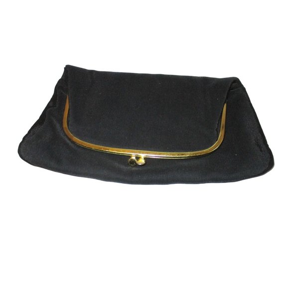 *Vintage INGBER Black Ribbed Peau de Soie Foldover Clutch Kiss Closure Purse - Picture 1 of 8